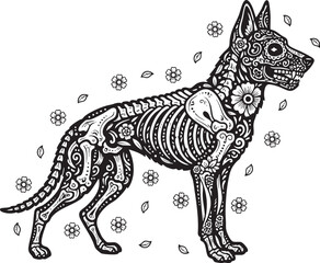 Ornate Sugar Skull Skeleton Dog Vector Illustration with Floral Patterns - Day of the Dead Pet Art