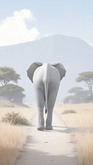 A solitary elephant walks a path in a serene landscape