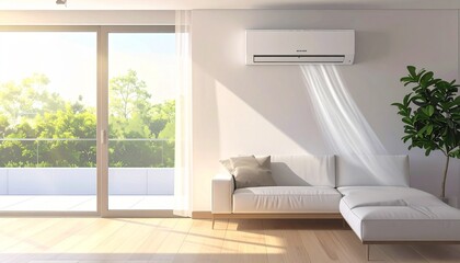 Fototapeta premium Modern minimalist living room with white sofa and cushions against white wall, wall-mounted air conditioner above, potted plants and wooden shelf, natural light from large window, bright and airy.