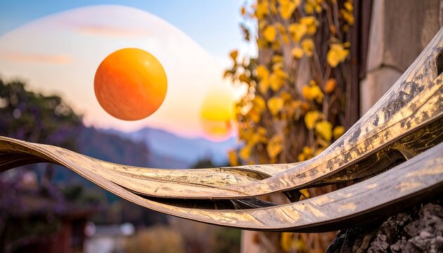 Abstract art with a floating orb and curved metal