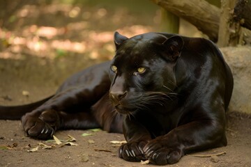 A black panther is lying on the ground in a relaxed pose in the forest