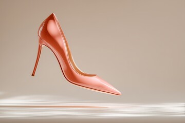 Shiny coral stiletto high heel shoe floating on beige background