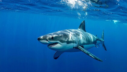 Large shark swimming underwater with mouth open, sharp teeth visible, sunlight filtering through ocean surface, smaller fish and coral in background, dramatic marine scene showcasing power and ecosyst