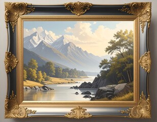 Scenic mountain lake landscape painting