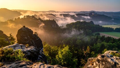 Panoramic sunrise over misty mountains