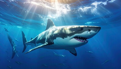 Obraz premium Large shark swimming underwater with mouth open, sharp teeth visible, sunlight filtering through ocean surface, smaller fish and coral in background, dramatic marine scene showcasing power and ecosyst