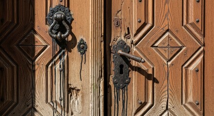 Close-up of weathered wooden door with metal hardware.