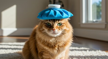 Ginger cat with ice pack on head indoors sunny day domestic animal health concept