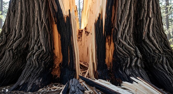 Massive Tree Trunk Split Open Revealing Inner Wood.