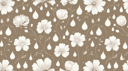 Floral pattern with white flowers, delicate stems, and teardrop shapes on a brown background.