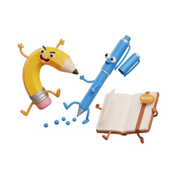 Animated stationery characters engaging in whimsical activities on a black backdrop