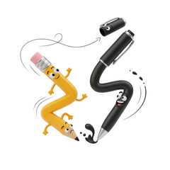 Animated pencil and pen duo in whimsical composition, representing creative writing tools