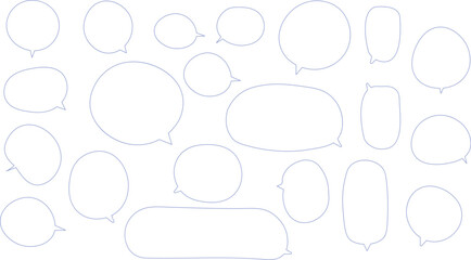 可愛い形の吹き出しセット。手描き風でゆるい感じのふきだし。青色。丸、長方形がたくさんあって使いやすい。