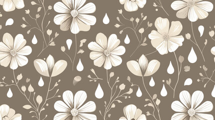 A seamless floral pattern featuring stylized flowers and delicate water droplets on a brown background.