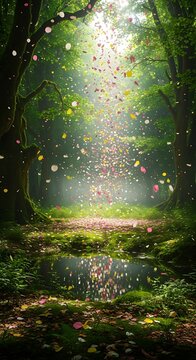 Enchanted Forest with Sunlight and Falling Leaves.