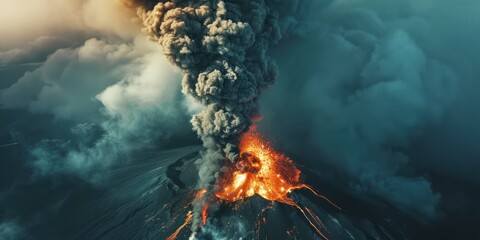 Active volcano with gigantic explosion, ashes cloud and smoke, magma and lava flow burning.