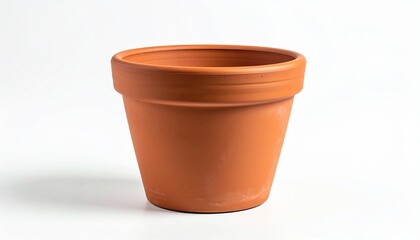 Empty terracotta flower pot with flared rim and scuff marks, reddish-brown color, placed against plain white background, rustic gardening concept.