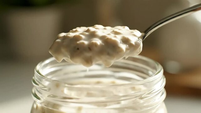 Macro shot of textured creamy yogurt or overnight oats on a spoon slowly dripping into a glass jar representing a healthy wholesome breakfast or snack food