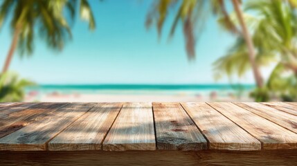 A serene beach view with palm trees, featuring a wooden table in the foreground against a clear blue sky and tranquil ocean.