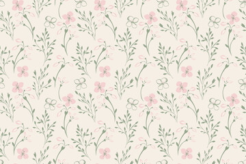 Seamless vector floral pattern with delicate pink blossoms and green branches on a light background. Elegant botanical design for textiles, wallpapers, and packaging