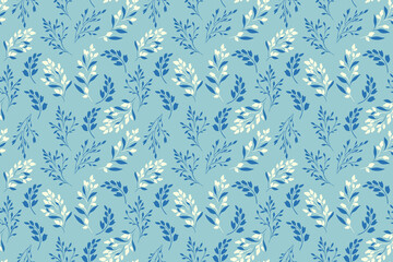 Charming seamless vector pattern with delicate floral branches on a blue background. Designs for packaging, textiles, wedding invitations, branding, home decor