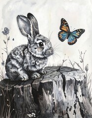 A gray bunny sits on a stump, watching a butterfly