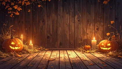 Rustic wooden Halloween background with pumpkins and autumn leaves in candlelight glow