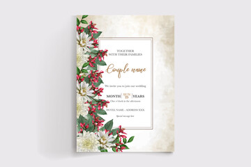 WEDDING INVITATION FRAME WITH FLOWER DECORATIONS AND FRESH LEAVES