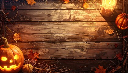 Rustic wooden Halloween background with pumpkins and autumn leaves in candlelight glow
