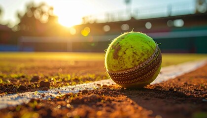 Close-up of worn red cricket ball resting on dirt field near white boundary line, warm sunlight and long shadows cast across stadium background, evoking atmosphere of game or practice session.