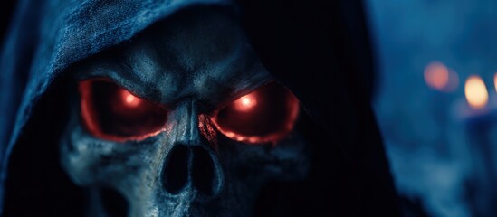 A haunting figure with glowing red eyes emerges from a dark hood, blending elements of horror and mystique.