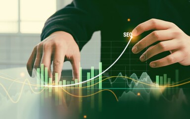 A businessman using a futuristic holographic interface to analyze financial data, showing a rising stock market graph and business growth