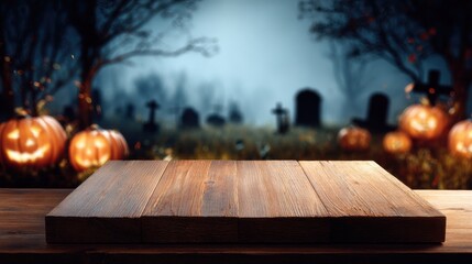 A spooky Halloween scene featuring a wooden table in the foreground, with glowing pumpkins and gravestones set against a misty background.
