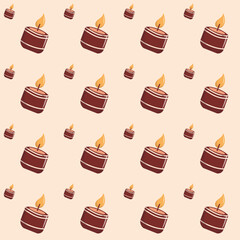 Seamless pattern with burning candles on beige. Vector seamless background featuring lit candles with warm flames, ideal for cozy design, holiday decoration, textile, wrapping paper, and wallpaper.