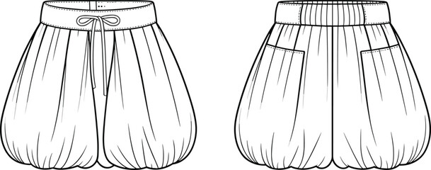 Flat sketch vector bubble skirt template with drawstring waistband, back pockets, gathered hem, fashion cad drawing, garment clothing technical illustration