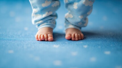 A close-up view of a baby's feet in cute pajamas, standing on soft blue carpeting, capturing the innocence and adorableness of early childhood.
