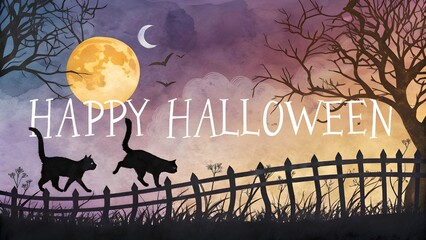Midnight Halloween Guardians: Silhouetted Cats on a Fence under a Luminous Moon


