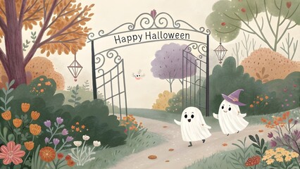 Ethereal Halloween Garden with Friendly Ghosts and Vintage Gate Banner

