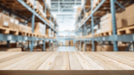 A wooden tabletop in focus with a blurred warehouse background filled with stacked boxes, creating a sense of depth and space.