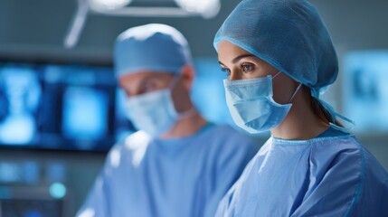 Two healthcare professionals in surgical attire focus intently during a procedure, showcasing a sterile and professional medical environment.