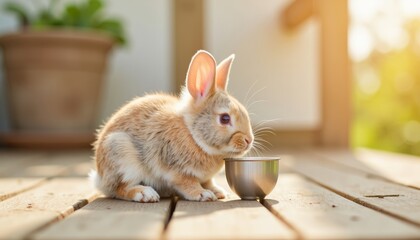 Obraz premium Rabbit drinking water from a small bowl on a sunny deck 