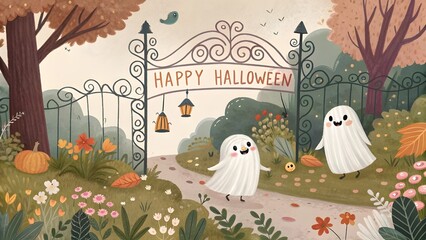 Ethereal Halloween Garden with Friendly Ghosts and Vintage Gate Banner


