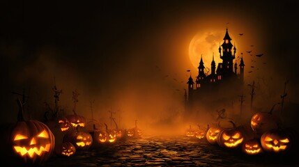A spooky Halloween scene featuring glowing jack-o'-lanterns lining a misty path leading to an eerie castle under a full moon.