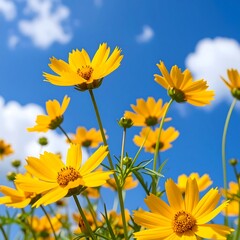 Bright yellow flowers against a clear blue sky