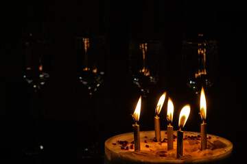 birthday cake with candles, festive evening
