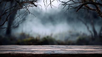 A misty forest scene with dark branches framing a wooden surface, creating a mysterious and atmospheric backdrop.