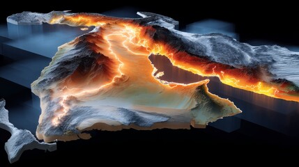 3D Map of Saudi Arabia with Glowing Oil Zones Highlighted Against a Dark Background