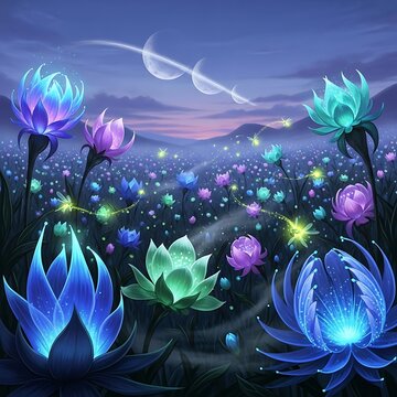Enchanted glowing lotus flowers in a mystical night garden with celestial elements.