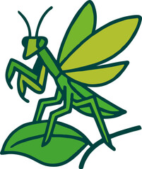 Flat Vector Praying Mantis with Wings on Leaf – Modern Geometric Green Insect Illustration