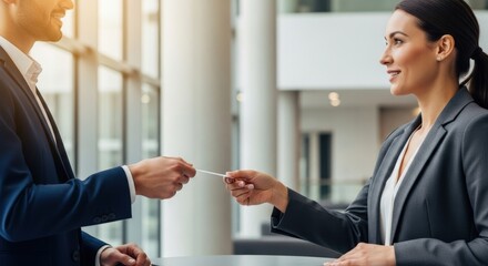 Business Professionals Exchanging Business Card in Modern Office